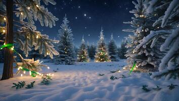 Snowy Winter Forest Scene with Decorated Trees Under Starry Sky photo