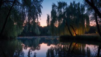 Lake Reflecting Weeping Willow Trees and Sunset Sky in Twilight photo