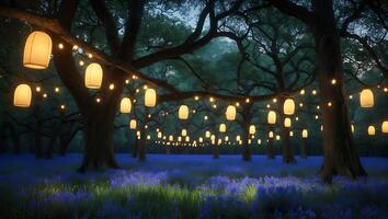 Glowing Lanterns Hanging in Dark Forest with Field of Flowers photo