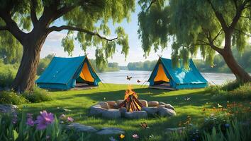 Camping Tents by River with Campfire and Flowers in Meadow photo
