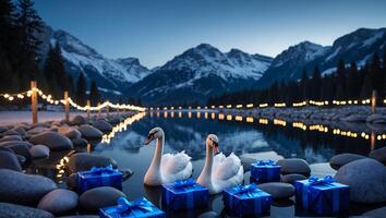 Swans and Wrapped Gifts Floating on a Calm Lake at Twilight photo