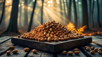 Pile of Almonds on Wooden Board in Forest with Sunlight photo