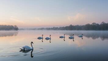 Swans Swimming on Calm Lake at Sunrise with Foggy Background photo