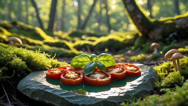 Serving Tomato and Basil Slices on Stone Slab in Forest Setting photo
