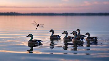Ducks Swimming on a Calm Lake with Dragonfly at Sunset photo