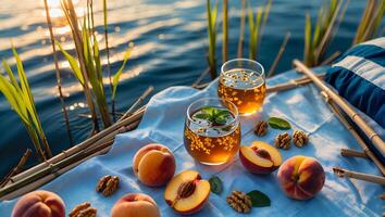 Enjoying Peach Ice Tea Outdoors with Fresh Fruit and Walnuts photo