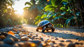 Turtle Walking on Pathway Through Tropical Greenery Under Bright Sunlight photo