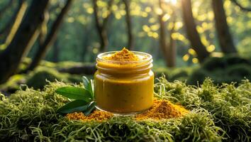Jar of Yellow Paste with Green Leaves in Forest Setting photo