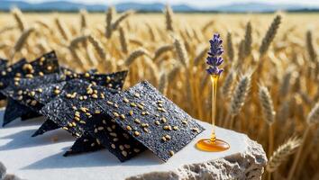 Dark Crisps with Sesame Seeds, Lavender and Honey on Marble photo