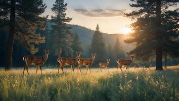 Deer Grazing in Meadow at Sunset with Forest Background Scene photo