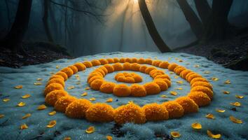 Arranging Yellow Flowers in Spiral Pattern on Ground in Misty Forest photo