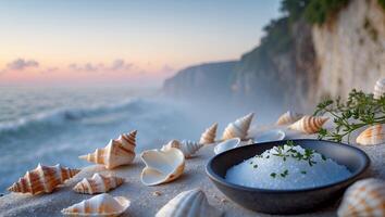 Sea Salt in Bowl with Seashells on Beach at Sunset photo