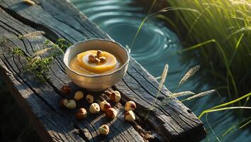 Bowl of Dessert with Hazelnuts on Wooden Plank Near Water photo