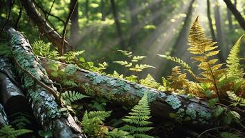 Fallen Log Covered in Moss with Ferns in a Sunlit Forest photo
