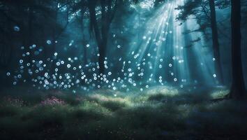 Sunlight Through Forest with Floating Spheres and Wildflower Meadow photo