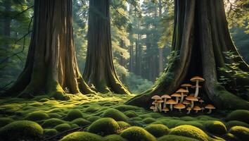 Exploring a Forest with Towering Trees and Vibrant Moss Patches photo
