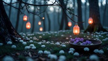 Illuminated Lanterns Hanging in Forest with Flowers and Bowl photo