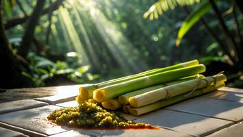 Lemongrass Stalks and Pesto with Forest Backdrop in Bright Sunlight photo