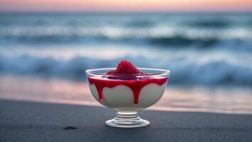 Dessert with Raspberry Drizzle on Beach with Ocean Wave Background photo
