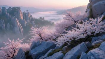 Blossoming Trees on Rocky Mountainside Overlooking Foggy Valley at Sunrise photo