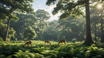 Deer Grazing in Forest Meadow Amidst Tall Trees and Sunlight photo