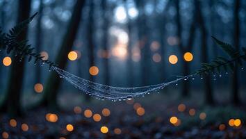 Spiderweb Covered in Dewdrops Hanging in a Mysterious Dark Forest photo