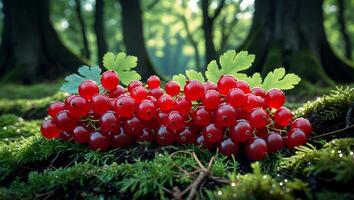 Red Currant Berries on Mossy Forest Floor with Light Sparkling photo