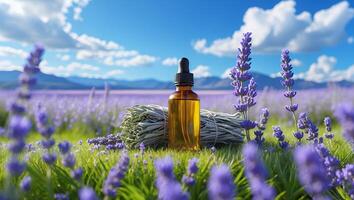 Lavender Essential Oil Bottle on Field with Sage Bundles Under Sky photo