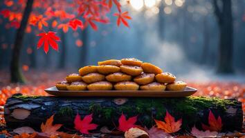 Stacked Cakes on Log with Autumn Leaves in Forest Scenery photo