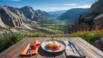 Outdoor Dining with Eggs and Salmon Overlooking a Mountain Valley photo