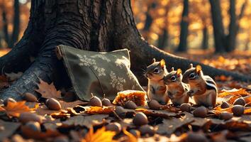Three Squirrels Gathering Acorns Near Tree Trunk in Autumnal Light photo