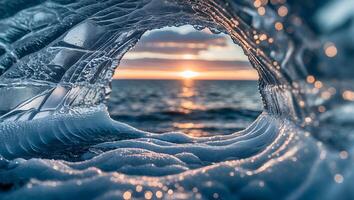 Ocean Sunset Glimpse Through Ice Formation with Sparkling Details photo