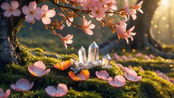 Crystals and Blossom Petals Resting on Mossy Ground in Golden Light photo