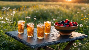 Refreshing Iced Tea and Berries Picnic in a Summer Meadow photo