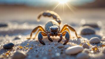 Scorpion Close Up on Sand with Sun Flare in Background photo