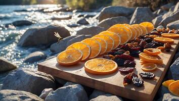 Arrangement of Sliced Oranges and Dried Fruit on Wooden Board Near River photo