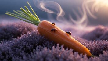 Carrot with Ladybugs Resting on Lavender Field Under Soft Lighting photo
