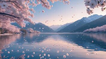 Cherry Blossoms Falling on Calm Lake Surrounded by Distant Mountains photo