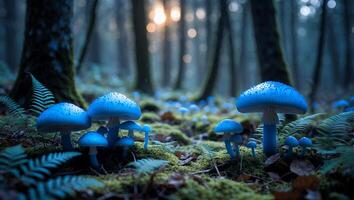 Blue Mushrooms Growing in Forest with Moss and Evening Light photo