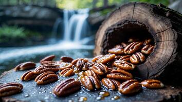 Pecans Overflowing From Log with Waterfall Backdrop Creating Natural Scene photo