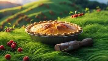 Homemade Pie on Green Field with Fruit Tree Background photo