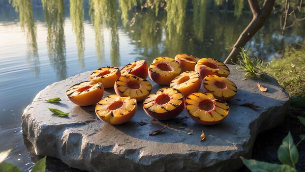 Grilled Peach Halves on Stone Slab by Lake with Weeping Willow photo