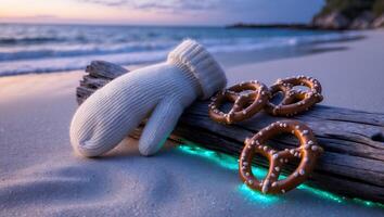 Mitten and Pretzels on Sandy Beach at Dusk with Ocean View photo