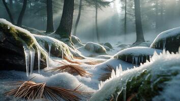 Winter Forest Landscape with Snow, Ice and Foggy Sunlight Scene photo