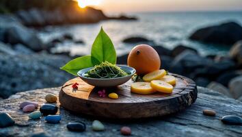 Arrangement with Citrus Fruit, Green Leaves and Sea Scenery photo