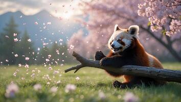 Red Panda Relaxing on Branch Amidst Falling Cherry Blossoms Serene Scene photo