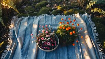 Flowers Arranged on Striped Blanket Outdoors Surrounded by Ferns and Moss photo
