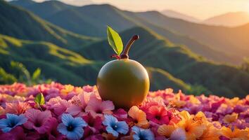 Green Fruit Standing Among Colorful Flowers with Rolling Hills Backdrop photo