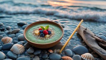 Eating Smoothie Bowl with Fresh Fruit by the Beach at Sunset photo