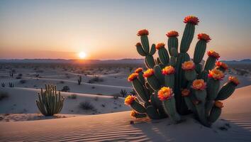 Flowering Cactus in Desert Landscape at Sunset with Soft Light photo